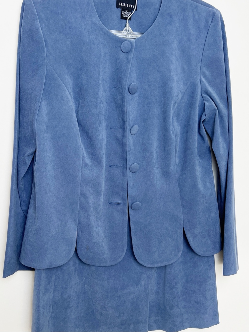 Leslie Fay Blue Poly Suede Scalloped Hem Blazer Skirt Set 12